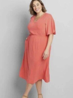 Lane Bryant Size 14/16 Coral Scoop Neck Elastic Waist Midi Dress NEW!